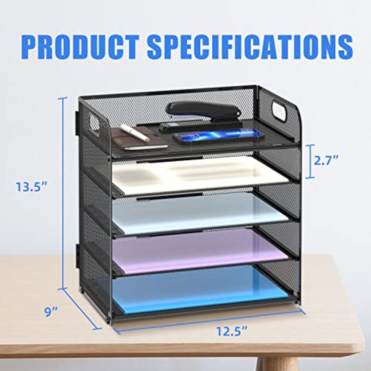 5 Trays Paper Organizer with Handle - Mesh Desk File/Letter Organizer,Black Paper Sorter for Office, Home or School